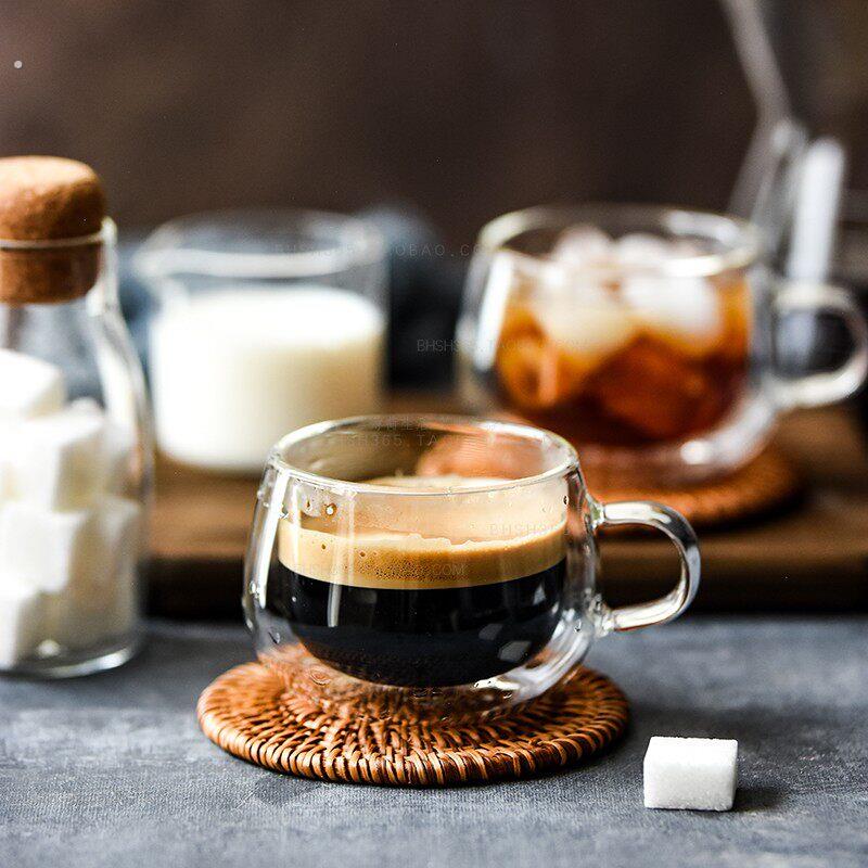 双层隔热耐热玻璃咖啡杯带把手商用家用透明玻璃咖啡杯品茶杯小杯