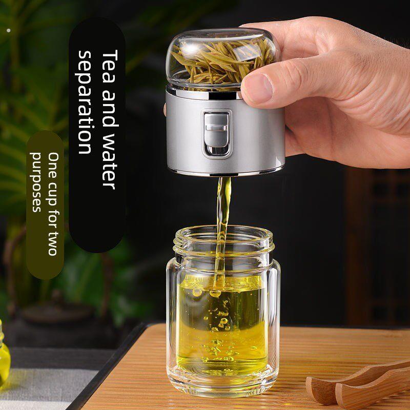 高端茶水分离杯双层一键锁水泡茶杯迷你便携玻璃水杯泡茶过滤杯子
