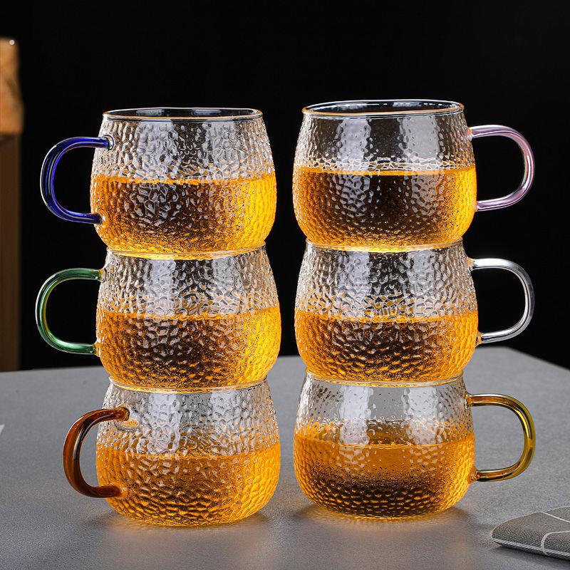 家用锤纹玻璃杯带手柄泡茶杯喝水杯套装办公室创意杯大容量果汁杯