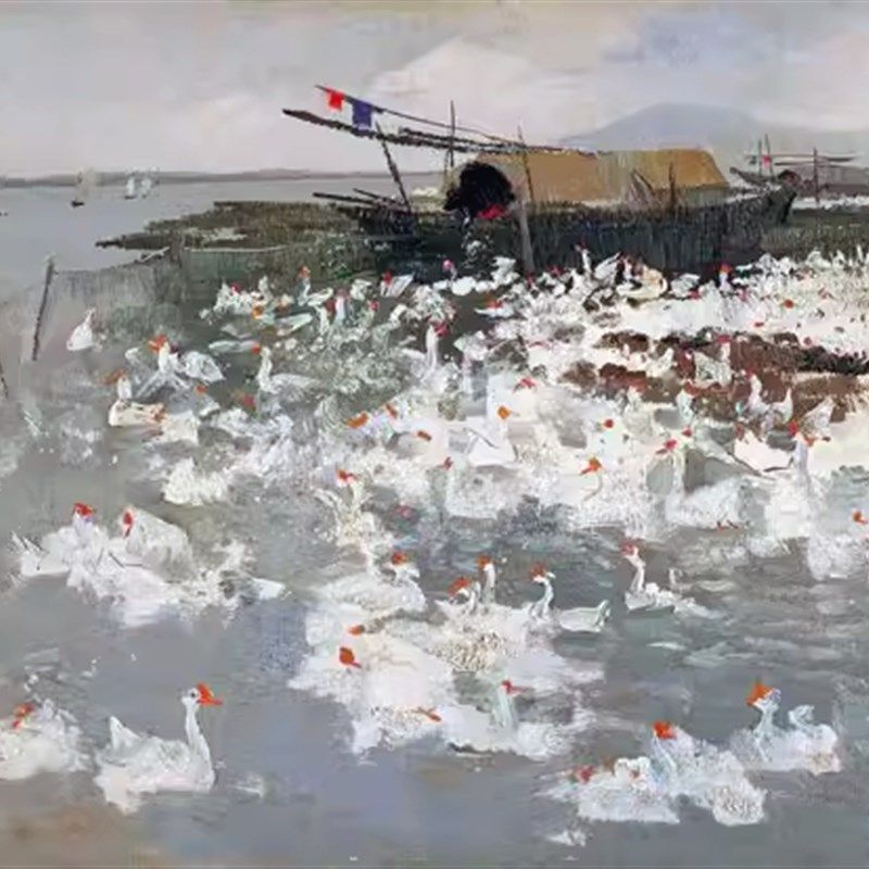 新中式吴冠中太湖鹅群油画中国美术馆纯手绘临摹复制品客厅装饰画