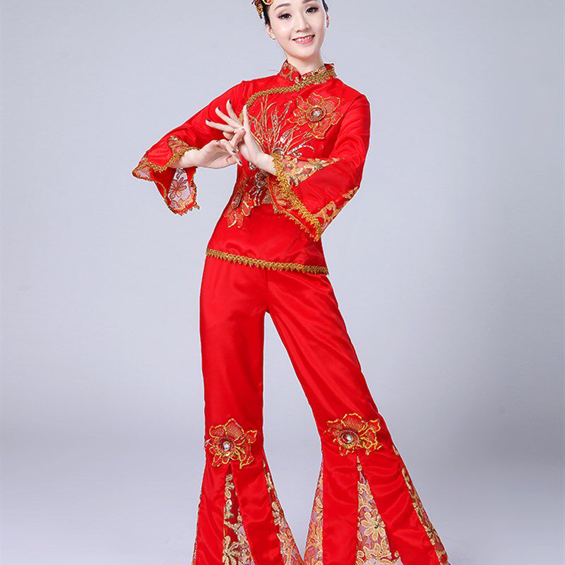 秧歌服2021新款民族广场舞表演服中老年腰鼓服装扇子舞蹈演出服女