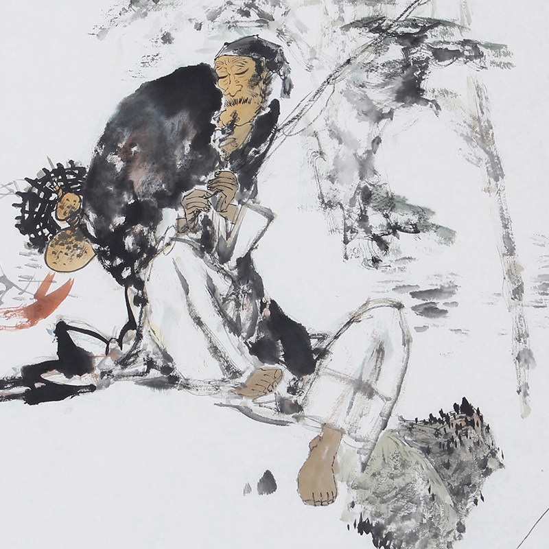 国画古代人物钓鱼图禅意水墨画书房卧室装饰字画古玩收藏保障增值