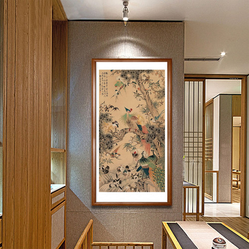 包邮百鸟朝凤图国画孔雀松树小鸟高端丝绸画中式复古竖版卷轴挂画