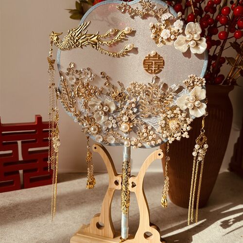 中式婚礼礼物新娘团扇冰蓝色结婚喜扇秀禾服扇手捧花扇子DIY成品