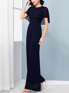 美妃雅藏蓝色雪纺连体裤女夏长款2024新款气质显瘦连衣阔腿裤套装