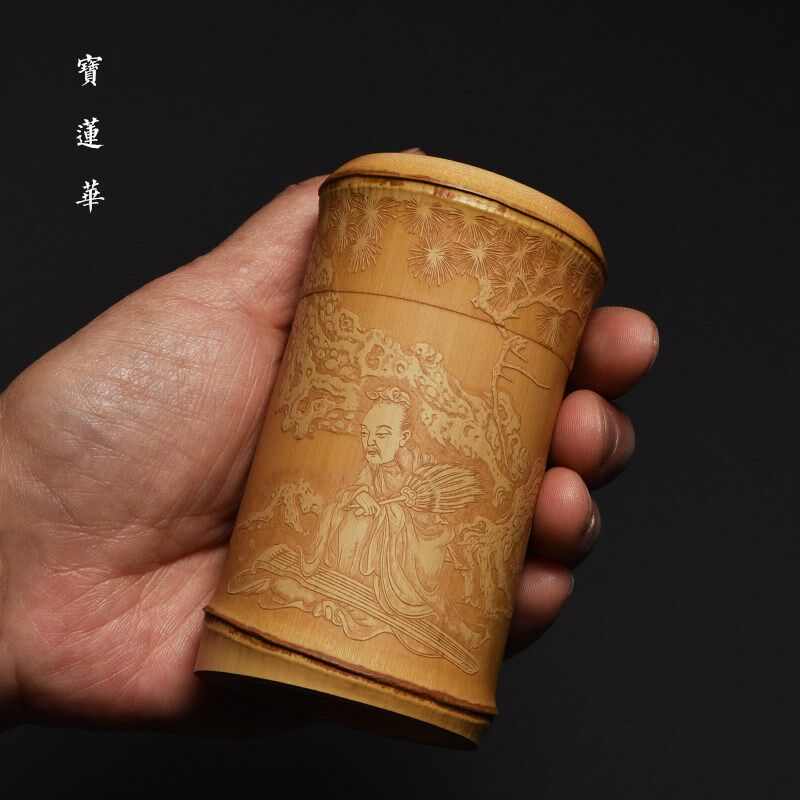 竹刻名家袁江手工留青竹雕刻竹罐 竹茶叶罐筒香粉罐 竹制文玩清供