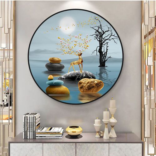 圆形创意壁画大气玄关餐厅挂画轻奢客厅装饰画北欧麋鹿沙发背景墙