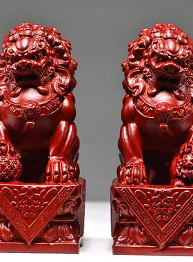 红色实木雕刻狮子摆件一对北京狮家居门口装饰品木质工艺品送礼品