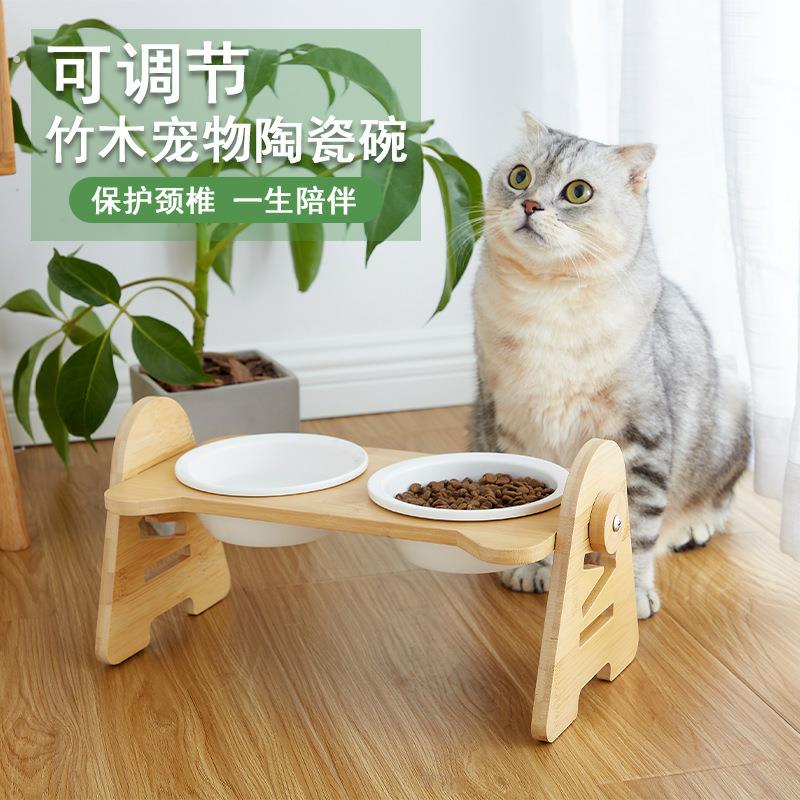.狗狗吃饭支架陶瓷双碗斜口保护颈椎猫食盆防打翻宠物狗碗可调节