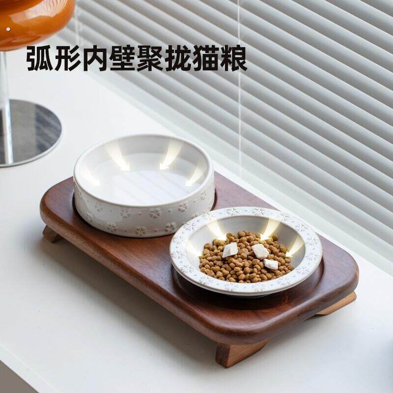 猫碗陶瓷实木双碗盘食盆慢食粮碗一体不打翻喂食器小型犬宠物用品