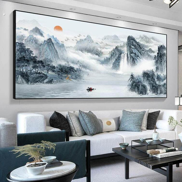 新中式山水画客厅挂画背景墙装饰画中堂壁画风景画国画办公室字画