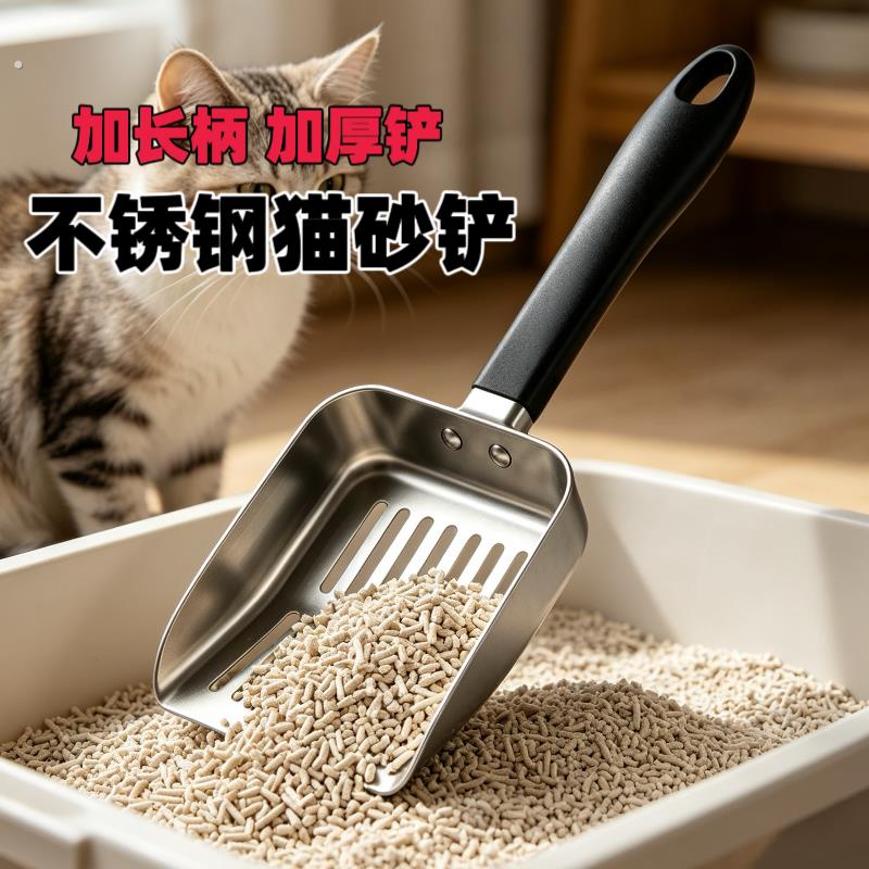 加长手柄不锈钢猫砂铲一体冲压铲头豆腐砂混合砂矿物砂膨润土屎铲