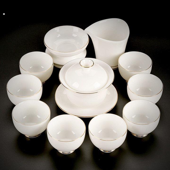 家用中式德化县泡茶器会客羊脂玉小套盖碗茶杯功夫白瓷茶具套装