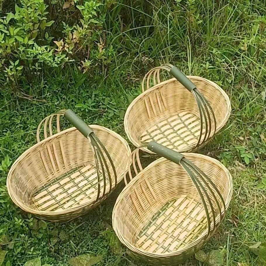 竹编制品家用椭圆形手提篮买菜篮购物篮竹青编织鸡蛋篮竹篮子收纳