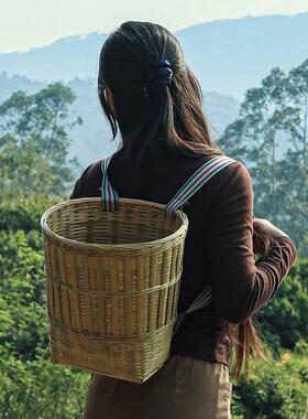 老式竹编背篓篼加固双肩带农村采茶买菜专舞蹈道具古风手提背箩筐