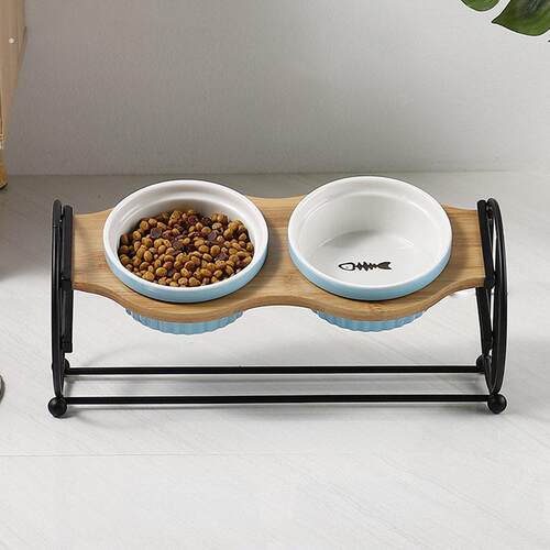 优选猫碗陶瓷双碗猫粮盆高脚实木狗碗架吃饭饮水碗倾斜斜口护颈猫