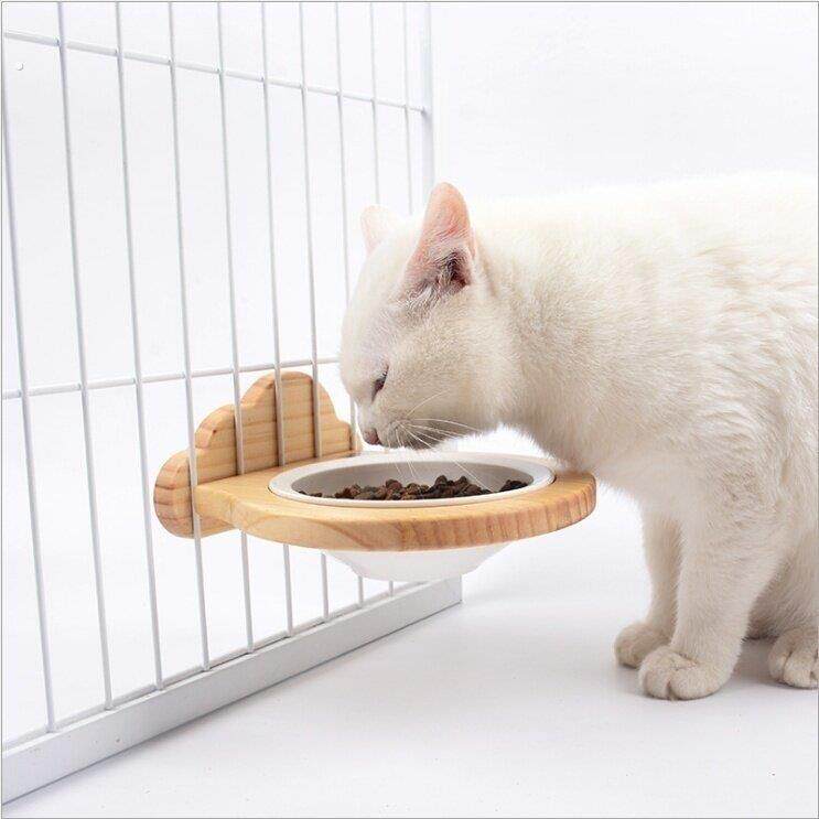 猫碗狗碗笼子挂式碗宠物用品竹制固定悬挂猫狗陶瓷碗实木碗水碗饭