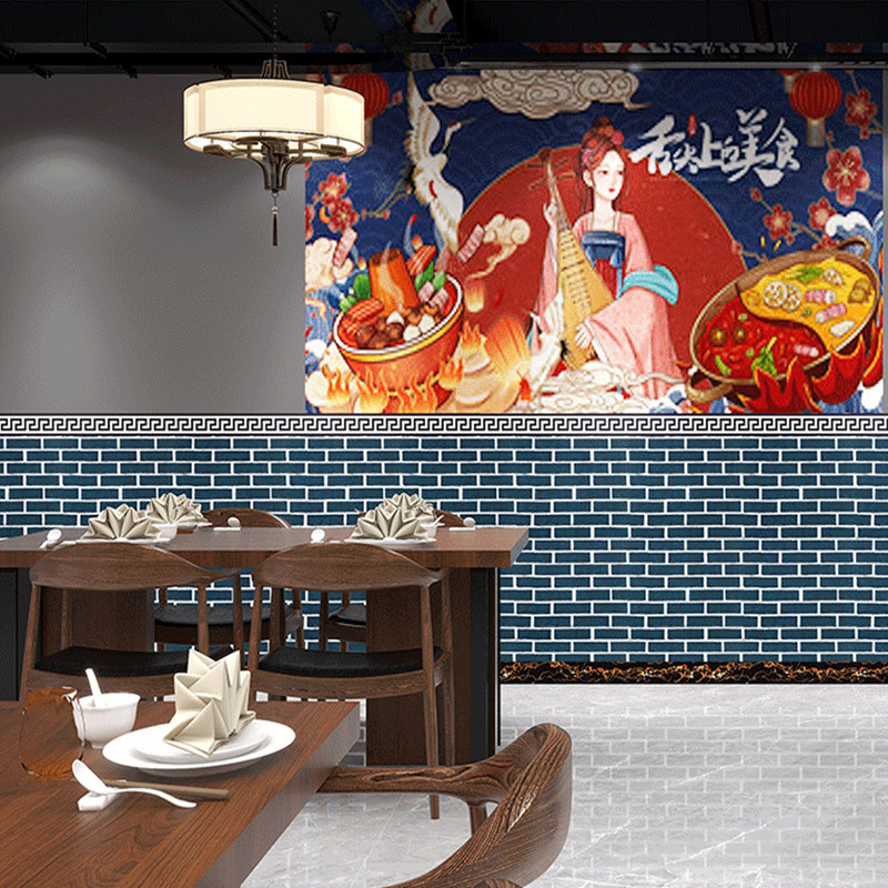 墙裙贴纸自粘墙纸青砖纹墙围蓝灰壁纸商用餐饮店小吃店火锅店墙贴