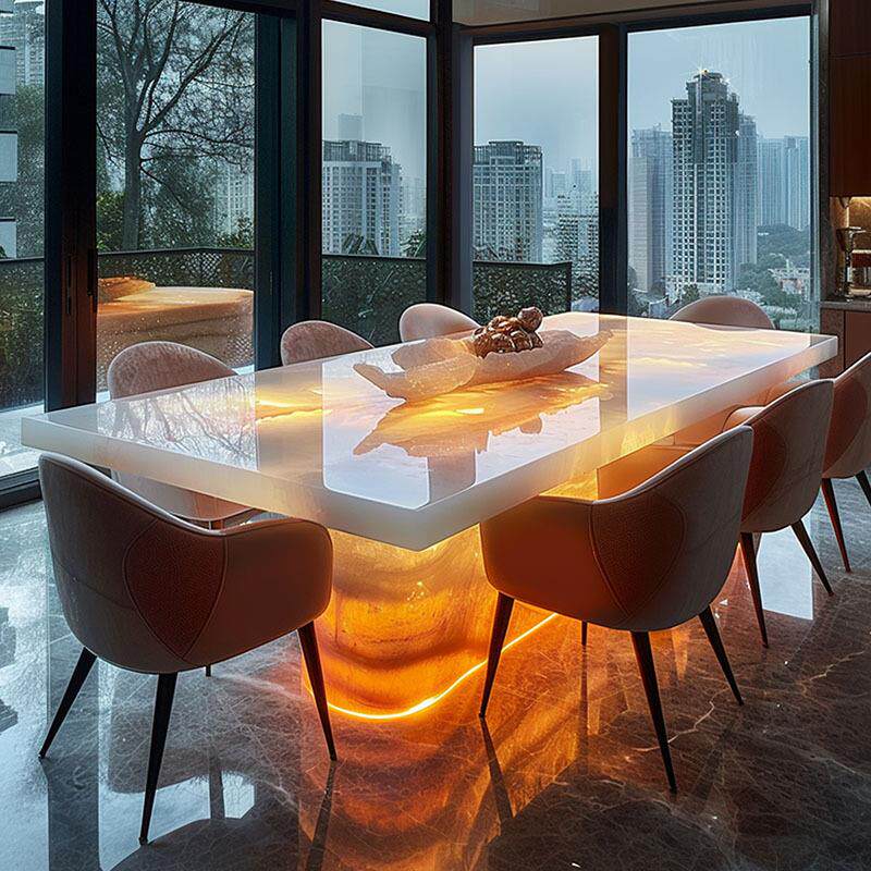 发光玉石餐桌现代简约大理石餐桌玉白玉长方形家用客厅高端餐台
