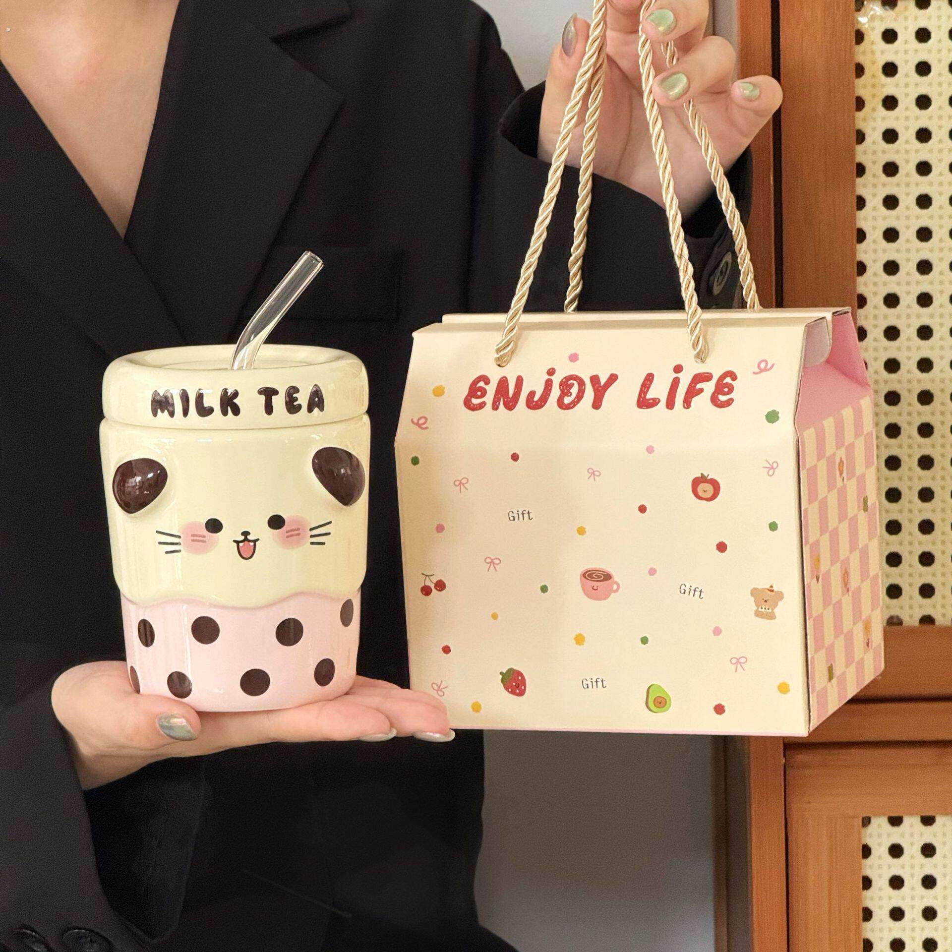 陶瓷马克杯子高颜值设计感可爱小猪吸管带盖生日礼物送女生闺蜜礼