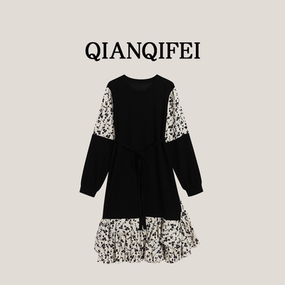 3-31F 新款法式浪漫拼接碎花假两件圆领连衣裙 25C-009