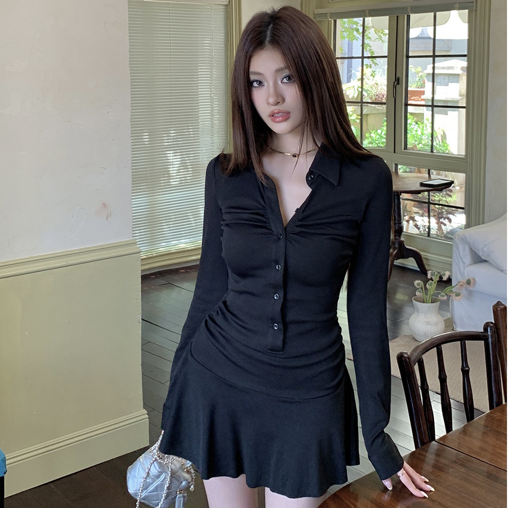 实拍2026春装新款收腰褶皱短裙连衣裙女美式polo领收腰减龄伞裙潮