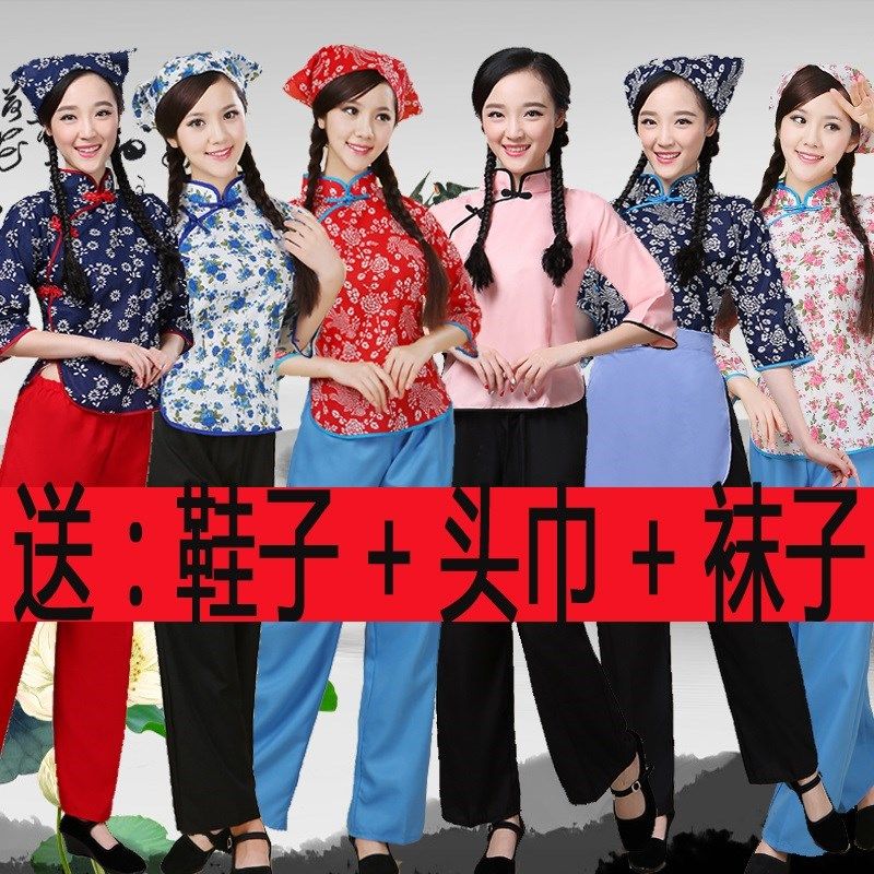 五四青年装女民国学生装古装棉碎花采茶女村古装 阿庆嫂演出服装