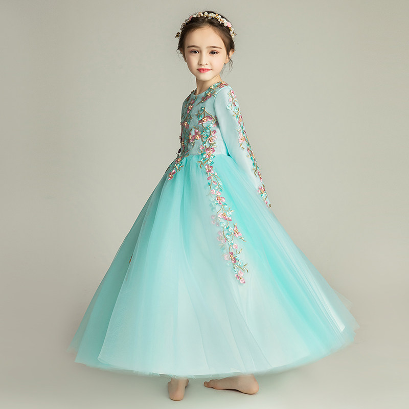 儿童晚礼服公主裙女童婚纱裙长袖加绒加厚花童长裙钢琴演出服洋气