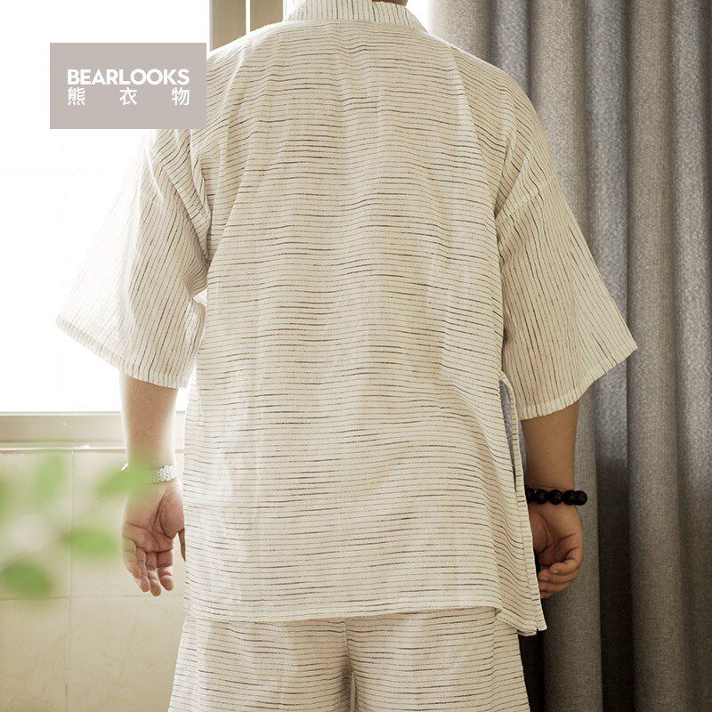 男士家居服和服棉布短袖短裤性感浴衣大码胖熊套装睡衣条纹提花