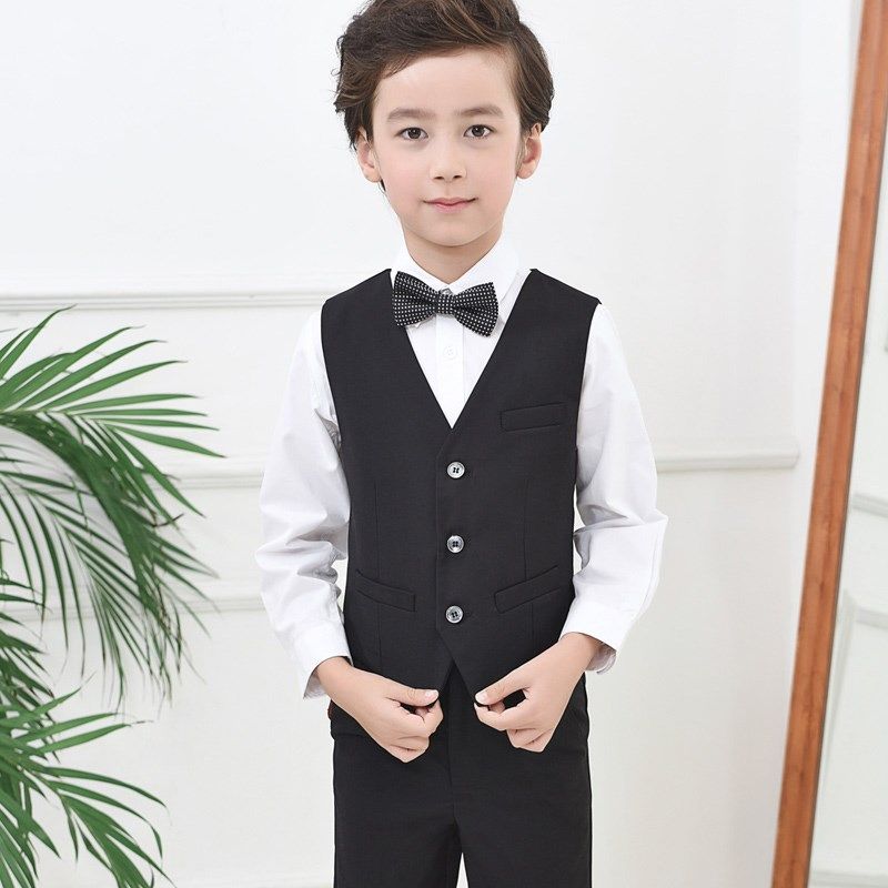 儿童西装马甲男童黑色白色背心花童礼服童装春秋中大童学生演出服