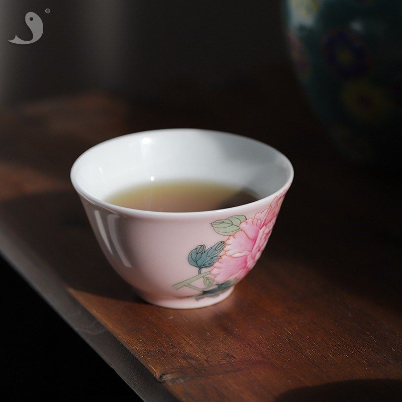 大鱼美器 浅粉牡丹白茶杯 景德镇陶瓷主人杯纯手工单杯女高端礼物