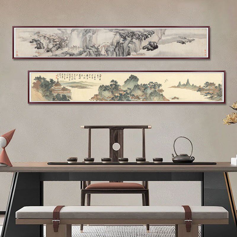 国画新中式客厅风景挂画山水画办公室装饰画书房茶室背景墙画长款