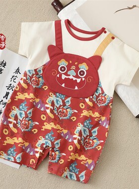 周岁礼服男宝夏季女宝红色衣服中国风婴儿服短袖连体衣宝宝夏装