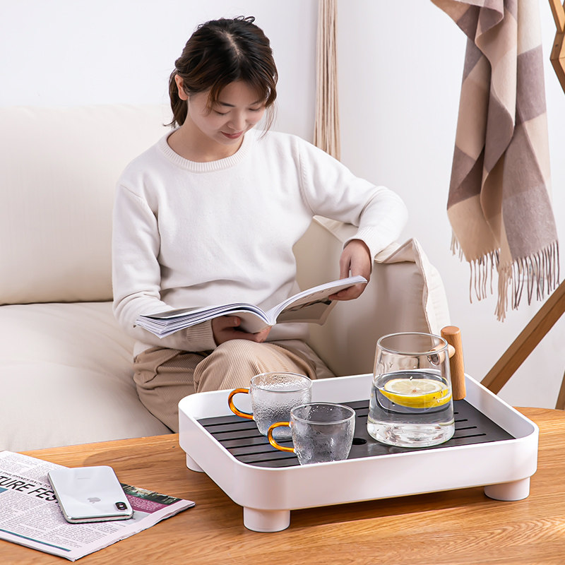 家用简约小茶盘放茶杯托盘日式长方形储水塑料杯架厨房双层沥水盘