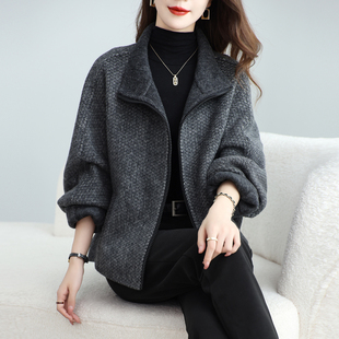 时尚双面羊绒大衣女短款立领拉链带包蝙蝠袖胖MM毛呢外套秋冬新