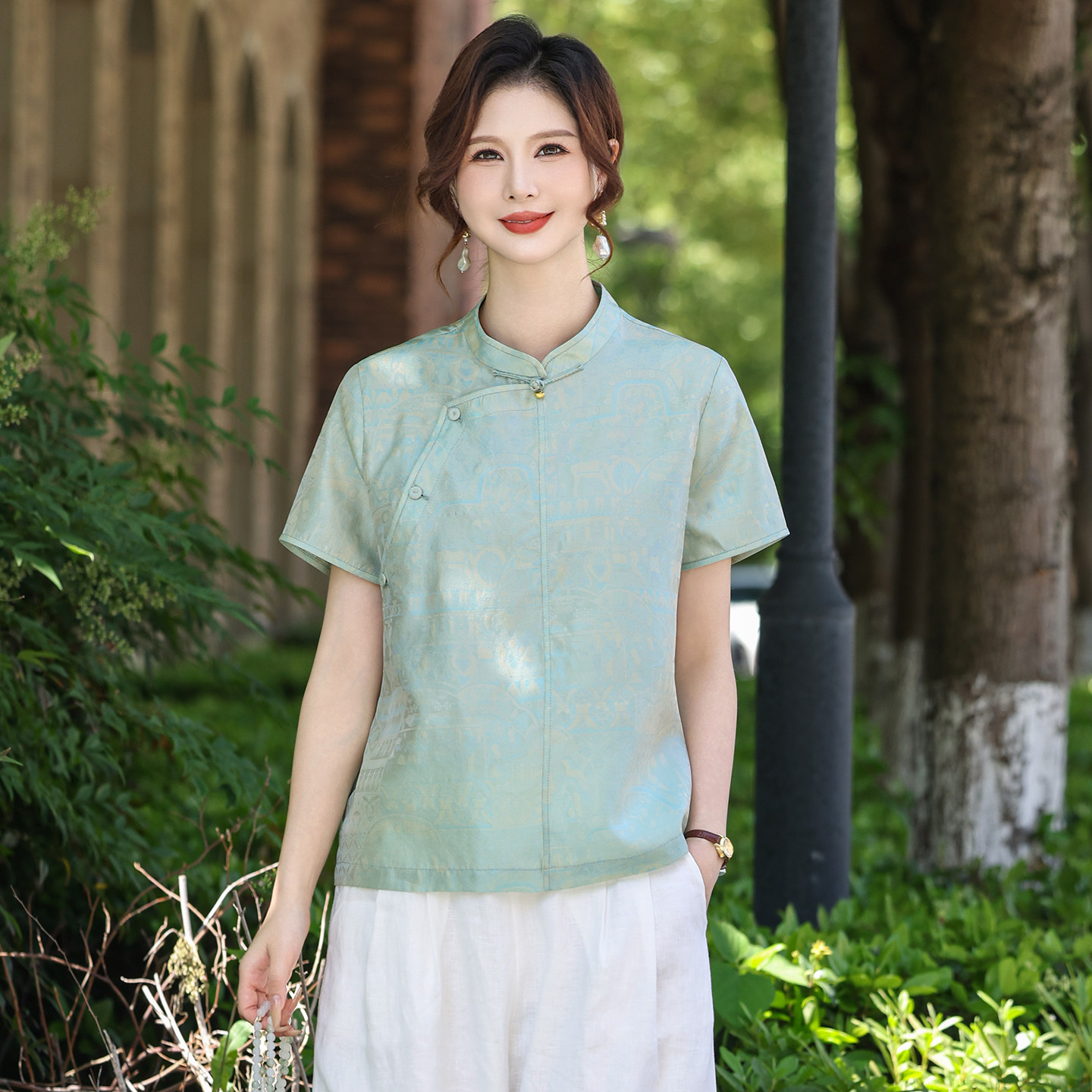 26夏季云霞锦新中式风真丝短袖T恤女盘扣立领100%桑蚕丝显瘦上衣