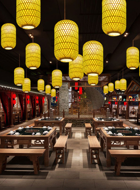 新中式仿古竹艺竹编布艺阳台火锅店日式餐厅红色 灯笼吊灯 中国风