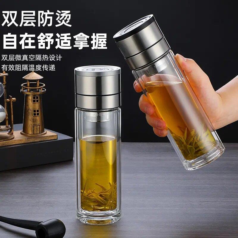 钢化玻璃杯防摔耐高温一键开盖车载双层男士办公室保温水杯茶杯速