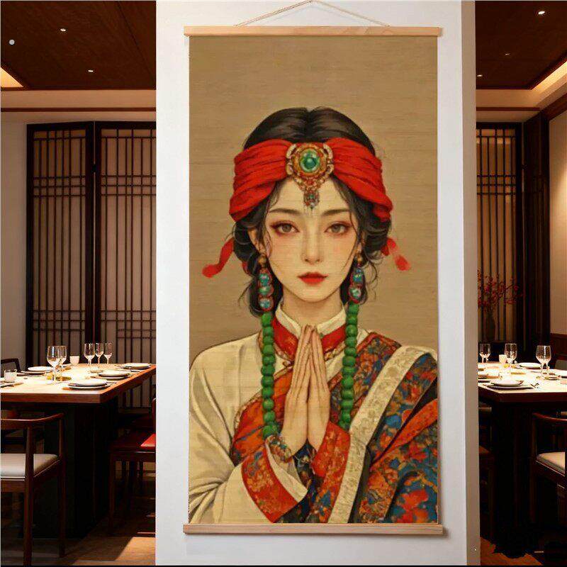 虔诚卓玛少女竹帘挂画茶室书房客厅沙发背景墙竹编挂画玄关装饰画