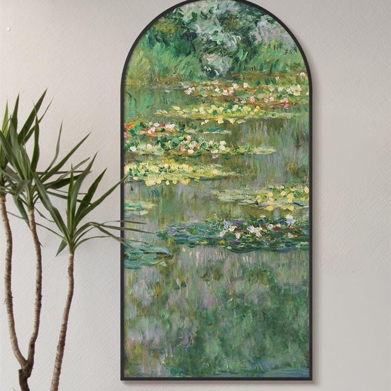 现代法式入户玄关装饰画轻奢竖版拱形挂画走廊过道莫奈风景油画