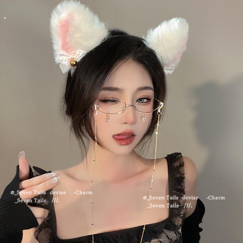 网红下半框眼镜女纯欲风无镜片挂颈链镜架链条装饰直播眼镜框链子