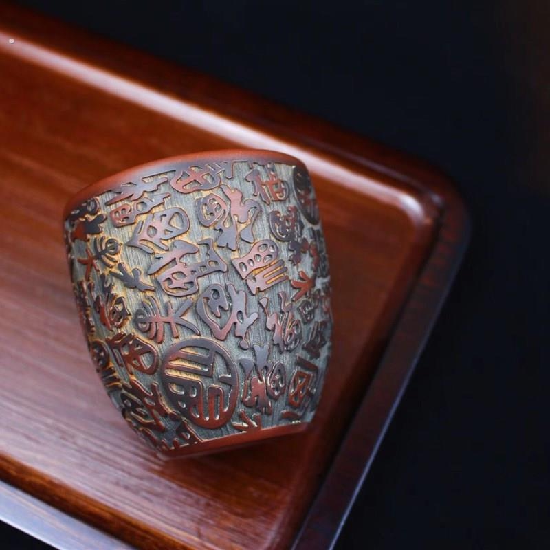 新品钦州坭兴陶浮雕福字茶杯水杯半手工窑变品茗杯茶台主人杯
