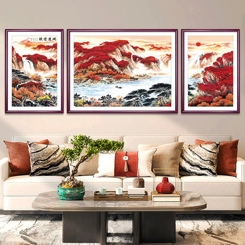 鸿运当头山水画新中式客厅装饰画三联画沙发背景墙壁画茶室挂画