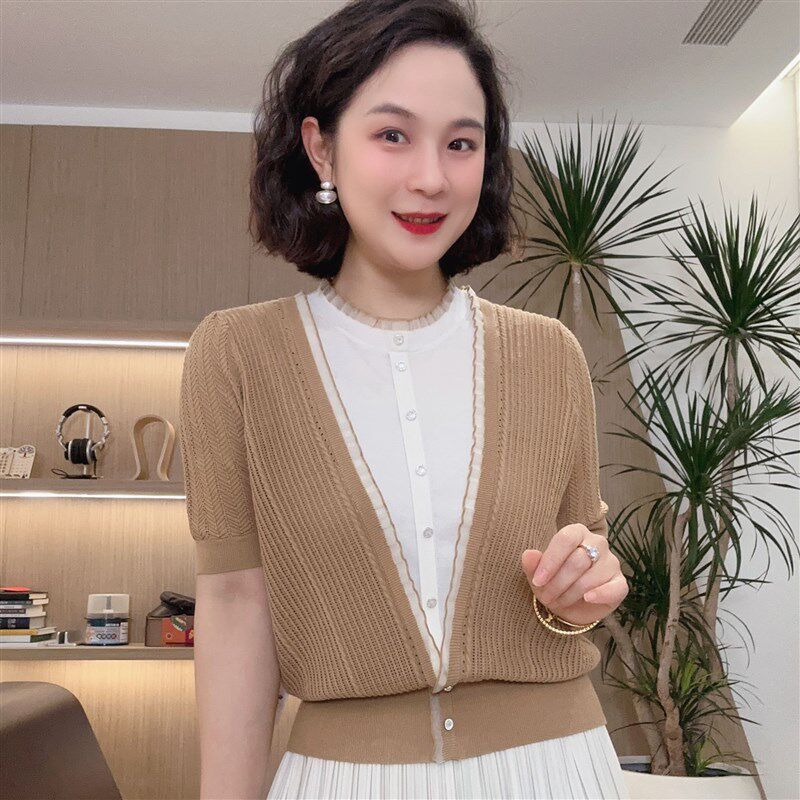 吕木定制立领假两件针织开衫女短袖T恤夏季蕾丝气质洋气#24030