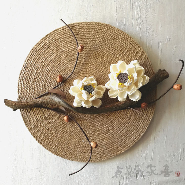 睡莲清韵麻绳圆形装饰画禅意新中式家居壁饰挂件干花玄关墙饰新品