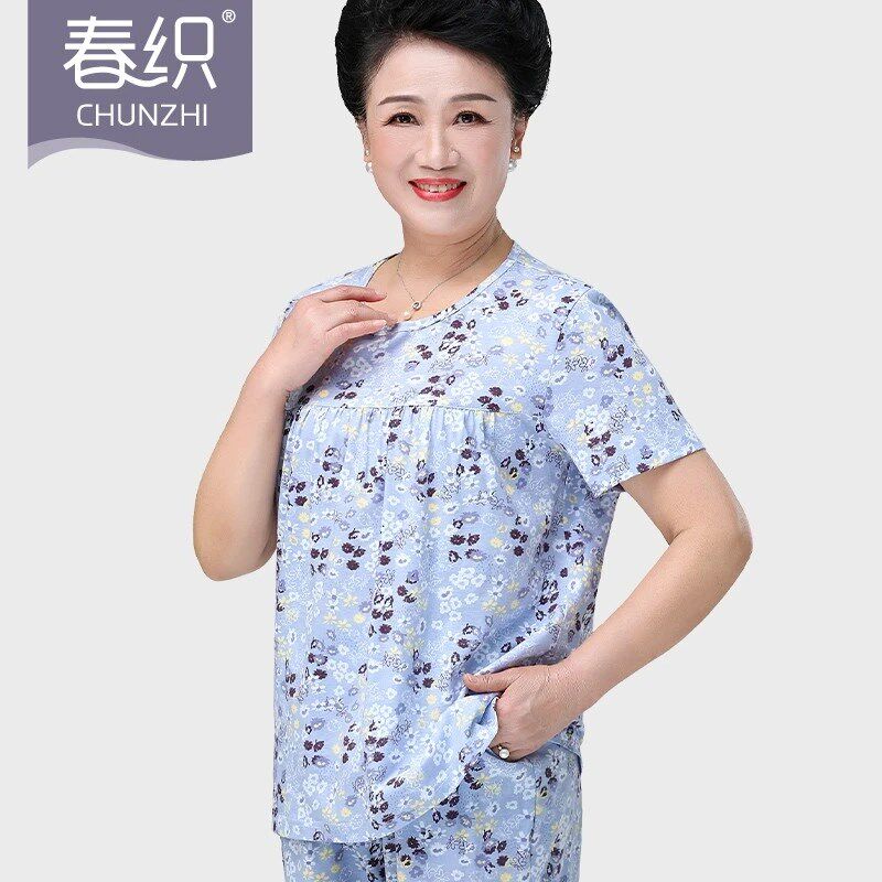 春织中老年妈妈纯棉圆领短袖汗衫夏季薄款宽松大码老人女士T恤