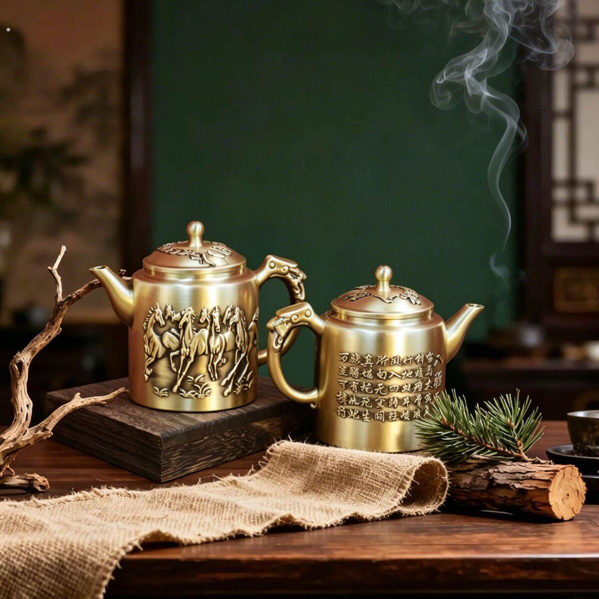 黄铜八骏马手把壶摆件小茶壶黄铜茶壶工艺品茶具仿古侧把酒壶家用