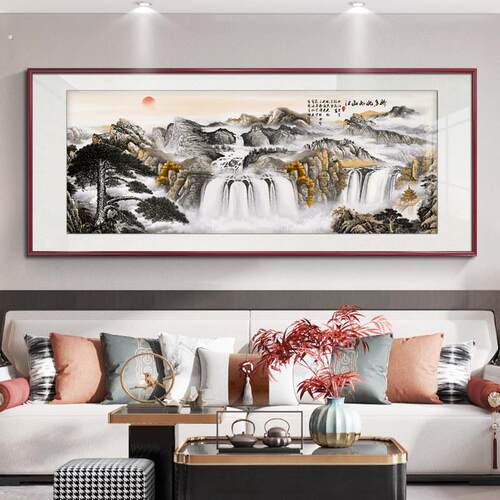 迎客松挂画国画山水画客厅装饰画新中式公室沙发背景墙手绘壁画