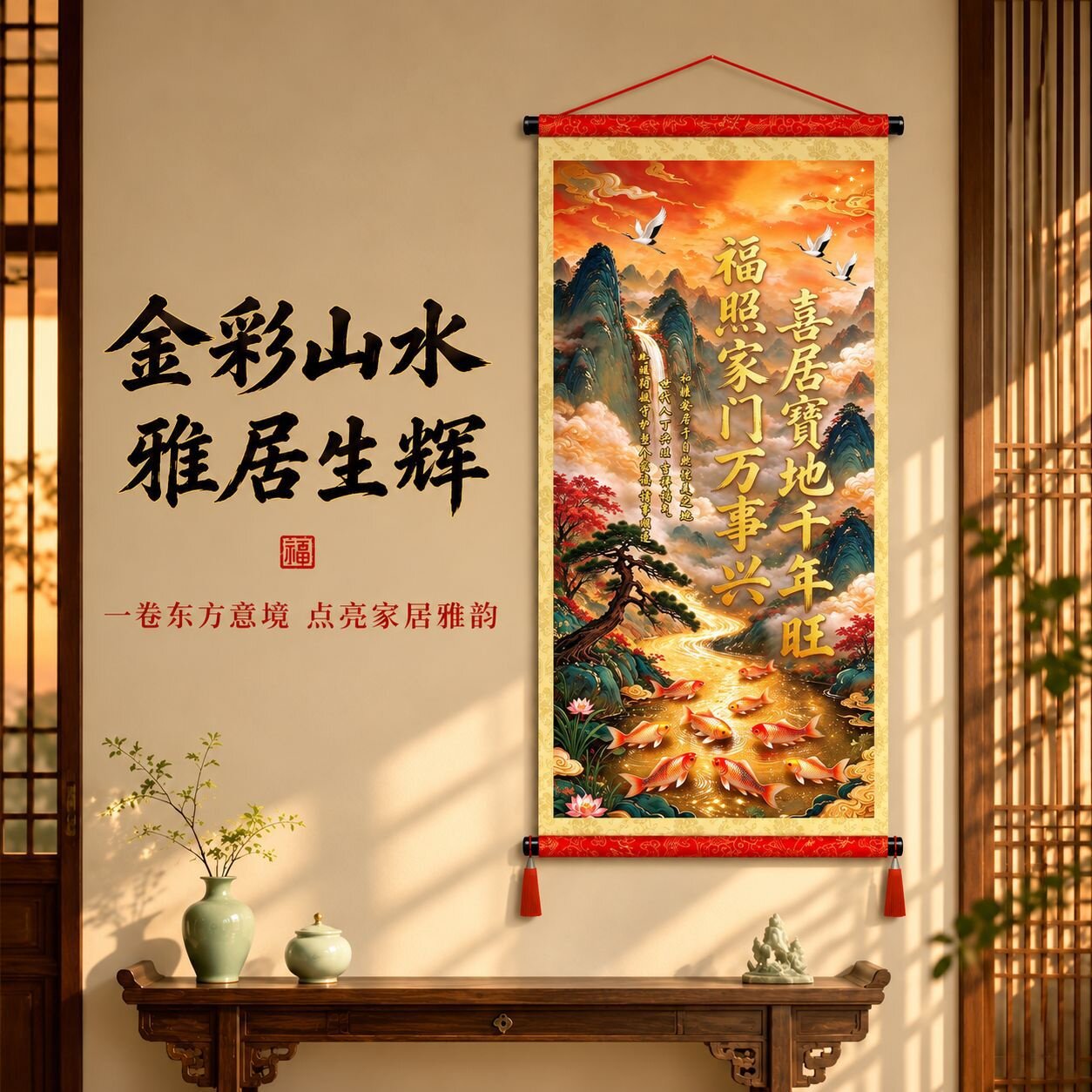 九鱼图喜居宝地千年旺装饰挂画金字卷轴新中式书房背景墙客厅挂图
