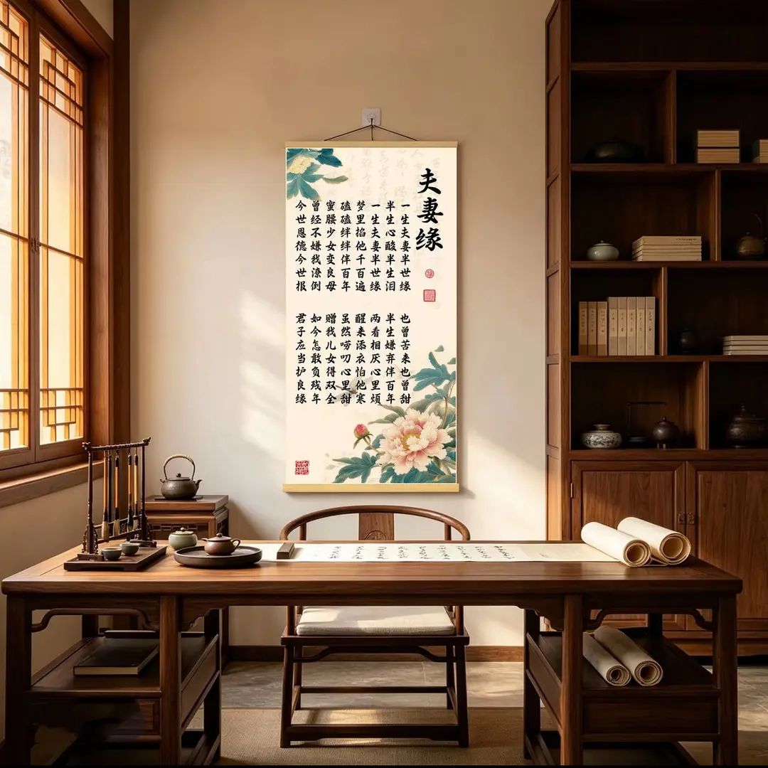 夫妻缘新中式挂画客厅卧室走廊玄关装饰挂图书房书法实木卷轴字画